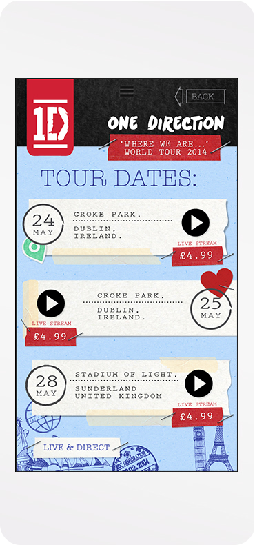 One Direction application events screen